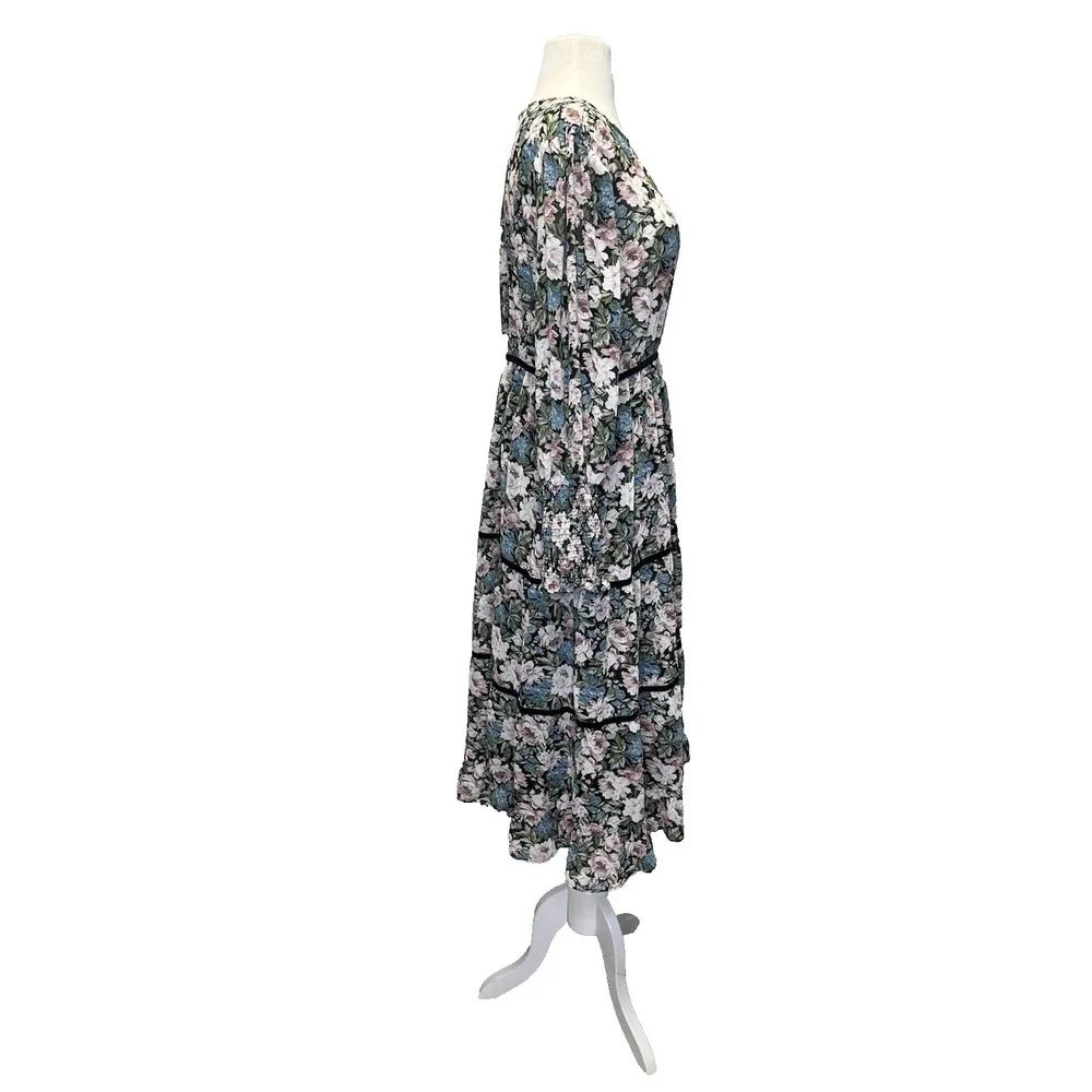 En Saison Floral Midi Dress Small Tiered Pastel Chiffon Rose‎ Cottagecore